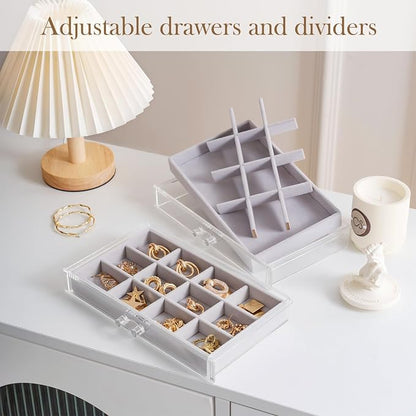 Lolalet Earring Holder Organizer Box Jewelry Storage with 4 Drawers, Clear Acrylic Stackable Earring Case with Adjustable Velvet Trays for Women on Dresser Vanity -Grey, 4 Layers