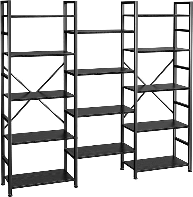 SUPERJARE Triple Bookshelf, Bookcase with 14 Open Display Shelves, Wide Book Shelf Book Case for Home & Office, 5 Tier, Black