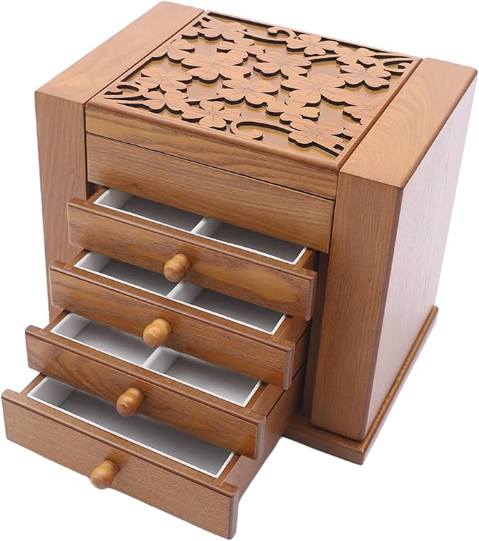 Wooden Jewelry Box for Women, 5-Layer Wooden Jewelry Organizer Boxes with 4 Drawers, Vintage Solild Wood Storage CaseJewelries, Watches, Necklace, Ring (Light Brown)