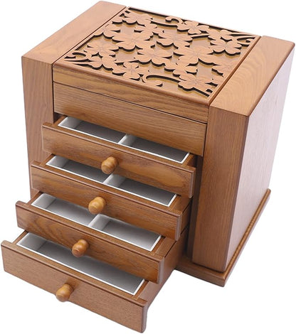 Wooden Jewelry Box for Women, 5-Layer Wooden Jewelry Organizer Boxes with 4 Drawers, Vintage Solild Wood Storage CaseJewelries, Watches, Necklace, Ring (Light Brown)