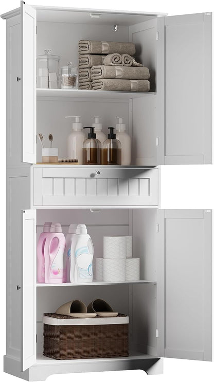 ChooChoo 72" H Tall Bathroom Floor Cabinet, Modern Bathroom Storage Cabinet with Drawer and Adjustable Shelves, Freestanding Kitchen Pantry Cupboard with 4 Doors for Living Room, White