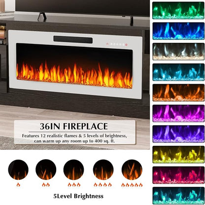 LEMBERI 70" Black TV Stand with 36" White Electric Fireplace, 750W/1500W Entertainment Center for TVs up to 80", 20-Color LED, 300lbs Max Capacity High Gloss Cabinet, Two-Tone Style