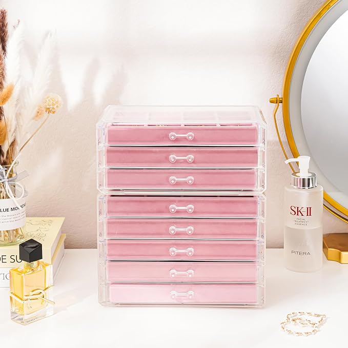 ProCase Earring Holder Organizer Jewelry Box with 8 Drawers, Acrylic Clear Earring Case with Adjustable Velvet Trays for Women - Pink, 8 Layers