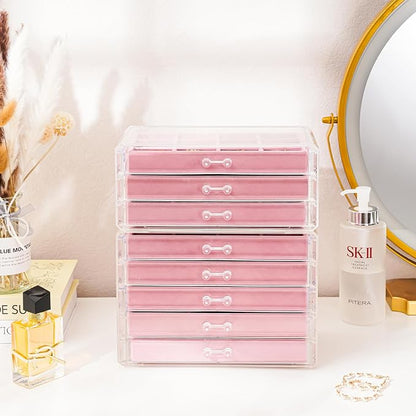 ProCase Earring Holder Organizer Jewelry Box with 8 Drawers, Acrylic Clear Earring Case with Adjustable Velvet Trays for Women - Pink, 8 Layers