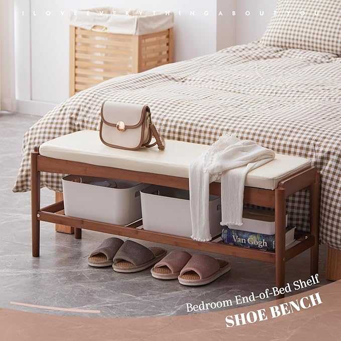 Shoe Rack Bench Entryway Bamboo Shoe Storage Bench with Leather Cushion 2 Tiers Shoe Rack Entryway Bench for Hallway, Living Room,Bedroom(Beige Bench top+Brown Frame)