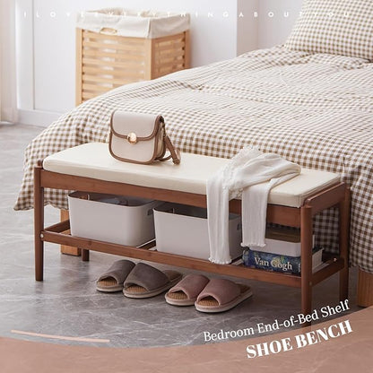 Shoe Rack Bench Entryway Bamboo Shoe Storage Bench with Leather Cushion 2 Tiers Shoe Rack Entryway Bench for Hallway, Living Room,Bedroom(Beige Bench top+Brown Frame)