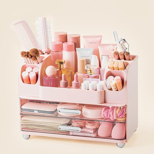 Makeup Organizer with Brush Holder, Makeup Organizer Countertop with 2 Drawers, Make up Organizers for Vanity, Vanity Organizer, Makeup Storage For Skin Cares,Makeup Brushes,Lipsticks,Perfumes(Pink)