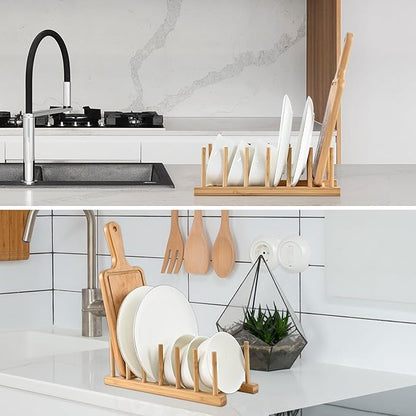 INNERNEED Bamboo Wooden Dish Rack, Vertical Plate & Lid Organizer for Kitchen Cabinet or Countertop, Drying Stand for Dishes, Cutting Boards