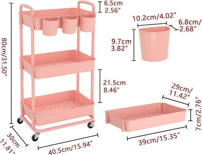 JIUYOTREE 3-Tier Plastic Rolling Storage Cart Utility Cart with Extra Hanging Cups Handles Lockable Wheels for Living Room Bathroom Kitchen Office Pink