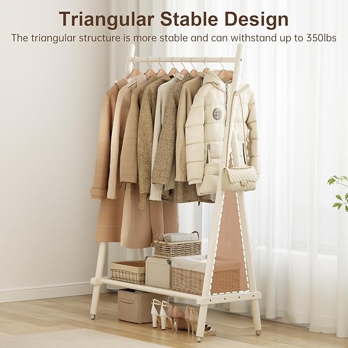 Solid Wood Clothes Rack, Clothing Rack for Hanging Clothes, Hanging Racks for Clothes with Shelves Load 350 Lbs Garment Rack (White)