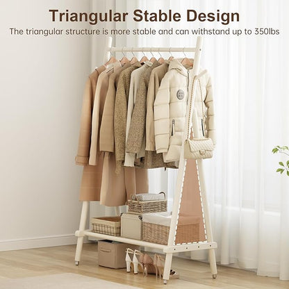 Solid Wood Clothes Rack, Clothing Rack for Hanging Clothes, Hanging Racks for Clothes with Shelves Load 350 Lbs Garment Rack (White)