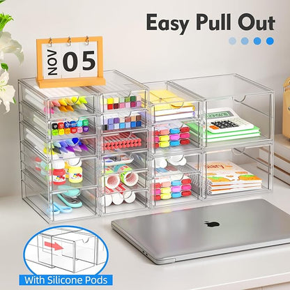 ARSTPEOE Makeup Acrylic Organizer with 17 Drawers(4 Sets), Desk Organizers and Accessories, Clear Makeup Organizer, Dustproof Storage Drawers for Office Art Craft Supplies