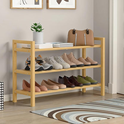 Haddockway Bamboo Shoe Rack for Closet, Free Standing Shoe Organizer with Smooth Round Rods & Convenient Handles, Stackable Shoe Storage Shelf for Entryway, Hallway(Natural, 3-Tier)