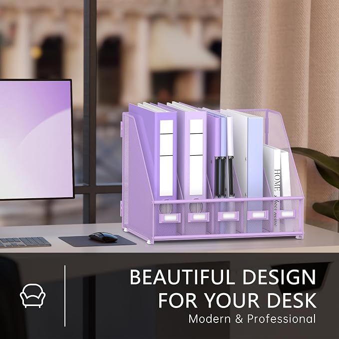 DALTACK Desk Organizers Metal Magazine File Holder with 5 Vertical Compartments Folder Storage Binder Organizer for Office Home School Organization, Purple Plus