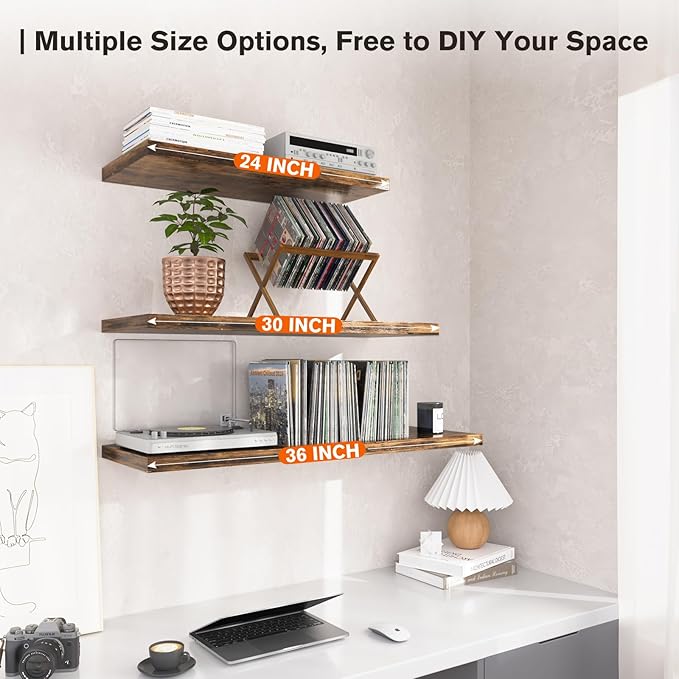 JPND Floating Shelf, Set of 2 Wall Shelf, 24 in W x 12.75 in D x 2 in H Wooden Floating Wall Shelf with Invisible Brackets for Living Room/Bedroom/Bathroom/Kitchen Storage and Decor, Rustic Brown