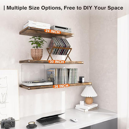 JPND Floating Shelf, Set of 2 Wall Shelf, 24 in W x 12.75 in D x 2 in H Wooden Floating Wall Shelf with Invisible Brackets for Living Room/Bedroom/Bathroom/Kitchen Storage and Decor, Rustic Brown