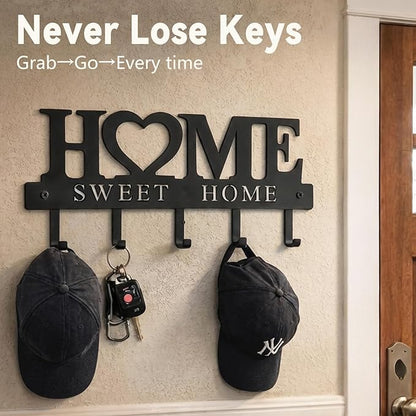 WIPHANY Entryway Key Holder Wall Mount with 5 Hooks, 13" Metal “Sweet Home” Key Rack Organizer for Wall, Decorative Key Hanger for Entryway, Hallway & Mudroom, Housewarming Gift, Black