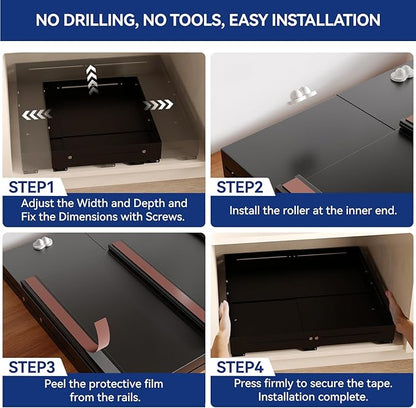 Pull out Cabinet Organizer, Full Metal Expandable Width (12.6"-20.8") & Depth (16"-24.4") Adjustable Slide out Drawers, No Drill Adhesive Roll out Shelves for Kitchen Pantry, Black