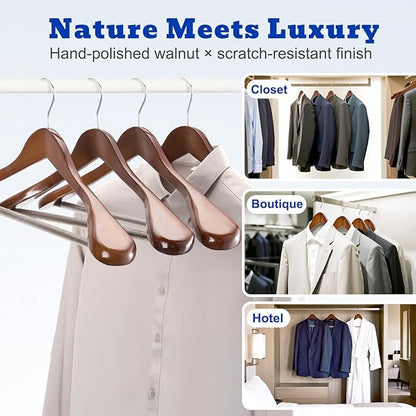 HOUSE DAY Wide Shoulder Wooden Hangers, Suit Hangers with Non Slip Pants Bar, Smooth Finish 360° Swivel Hook Solid Wood Coat Hangers for Dress, Jacket, Pants, Heavy Clothes Hangers 6 Pack (Walnut)