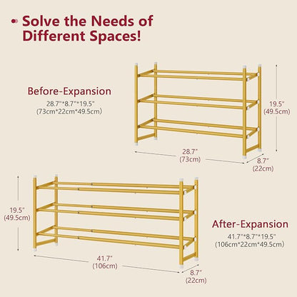 Tajsoon Expandable Shoe Rack for Closet 3 Tier, 28“-41“Adjustable & Stackable Shoe Shelf Storage, Metal Shoe Rack Organizer for Front Door Entrance, Closet, Garage, Entryway, Gold