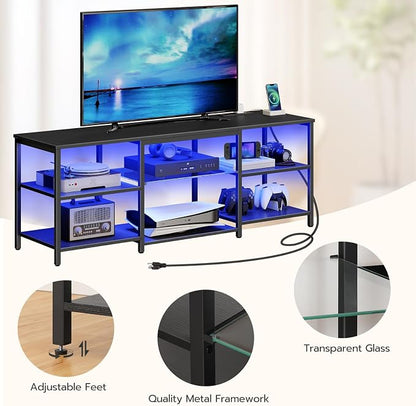 HOOBRO LED TV Stand for 65 Inch TVs with Charging Station, Gaming Entertainment Center with 3-Tier Open Storage, Long Media TV Console Table, TV Stand for Living Room, Bedroom, Black BB20UDDS01