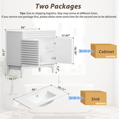 APRILSOUL 36" Bathroom Vanity with Ceramic Sink, Mid-Century Bathroom Vanity Cabinet with 2 Soft Closing Doors, Freestanding Bathroom Cabinet, Particleboard Frame with Wood Grain Laminate, White
