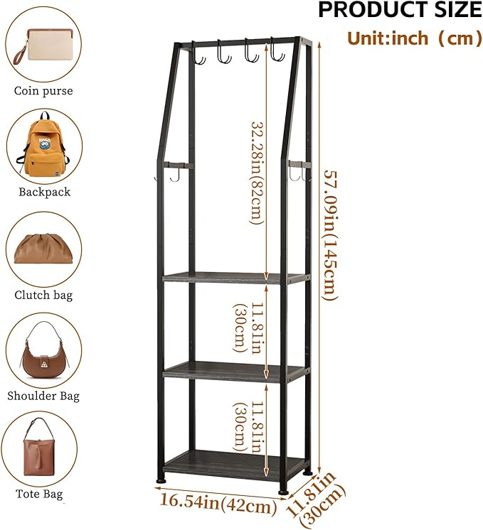 3-Tier Purse Rack Stand with 8 Hooks - Tall Narrow Purse Organizer for Entryway/Closet Organization, Bag Organizer for Various Bags(Gray)