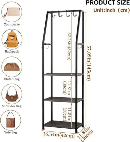3-Tier Purse Rack Stand with 8 Hooks - Tall Narrow Purse Organizer for Entryway/Closet Organization, Bag Organizer for Various Bags(Gray)