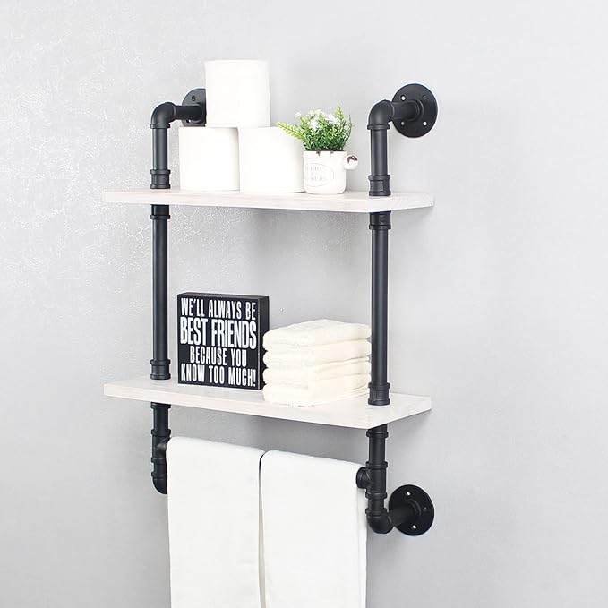 Bathroom Shelves,19.6in Rustic Wood Shelf with Towel Bar,2 Tier Farmhouse Towel Rack Over Toilet,Pipe Shelving Floating Shelves Towel Holder,Black & White