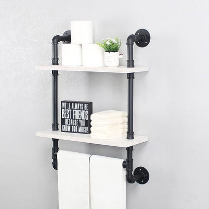 Bathroom Shelves,19.6in Rustic Wood Shelf with Towel Bar,2 Tier Farmhouse Towel Rack Over Toilet,Pipe Shelving Floating Shelves Towel Holder,Black & White