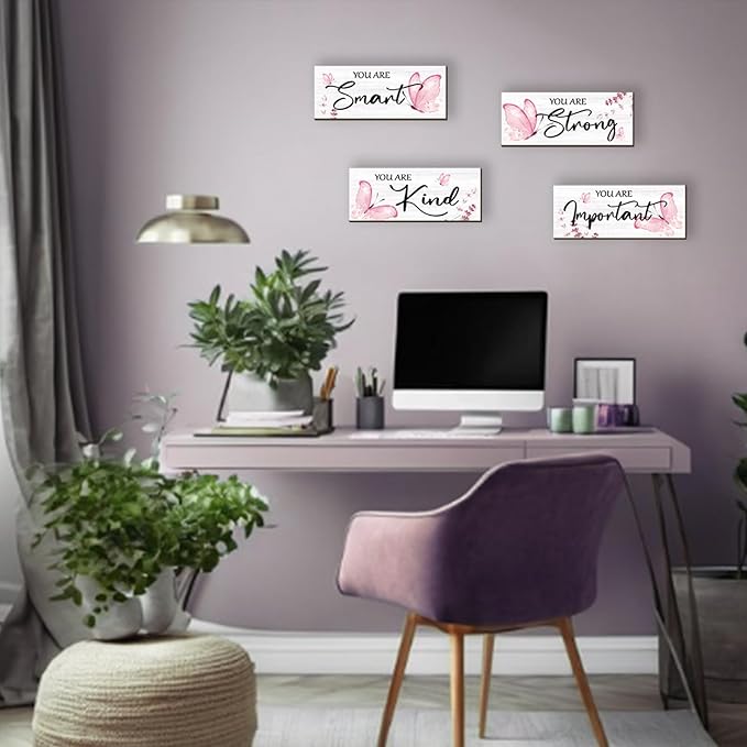 DONFENTHY 4 Pcs Butterfly Wall Decor Pink Room Decor Wooden Positive Butterfly Decor with Inspirational Word Sign for Teen Girls Women Room Bathroom Bedroom Office(Pink,10x4 Inch)