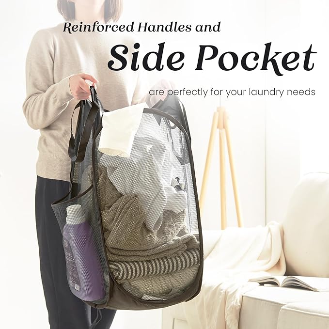 TECHMILLY Collapsible Mesh Pop Up Laundry Hamper with Sturdy Handles and Side Pocket - Portable Foldable Clothes Baskets for Dorm, Bathroom & Travel Storage (Black, 2 Packs)