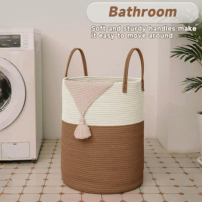 JMvicyroam Large Woven Laundry Basket Hamper,60L Cotton Rope Storage Bin for Blankets,Toys and Clothes,Decorative Tall Nursery Hamper for Living Room,Baby Nursery,Bathroom and Bedroom,White and Brown