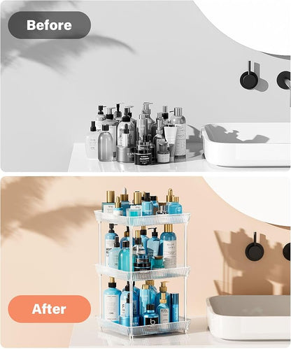 2 Tier Lazy Susan Bathroom Countertop Organizer, 360° Clear Rotating Square Storage Tray, Cosmetics and Perfume Organizer, Spinning Storage Tray Vanity Organizer Shelf for Bathroom Cabinet, Kitchen