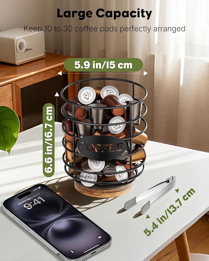 Uniclife Coffee Pod Holder K Cup Holder with Ice Tongs, Large Capacity Coffee Pod Storage for 10-30 Capsules Metal Wire Cup Organizer Coffee Pod Organizer with Wooden Base, Storage Basket for Kitchen
