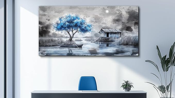 QIYILEXWART Canvas Wall Art For Living Room Wall Decor For Bedroom Office Wall Decorations The Blue Tree Painting The Hut Pictures Artwork Room Aesthetic Home Decor Ready To Hang
