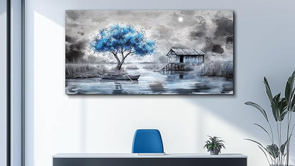 QIYILEXWART Canvas Wall Art For Living Room Wall Decor For Bedroom Office Wall Decorations The Blue Tree Painting The Hut Pictures Artwork Room Aesthetic Home Decor Ready To Hang
