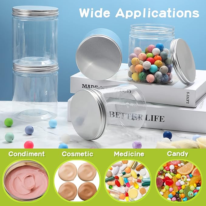 Irenare 24 Pcs 16 oz Plastic Jars with Lids Clear Plastic Containers Wide Mouth Food Mason Jars Airtight Storage Containers for Cake, Dried Fruit, Honey, Nuts, Carft, Scrub Cream(Silver Lids)
