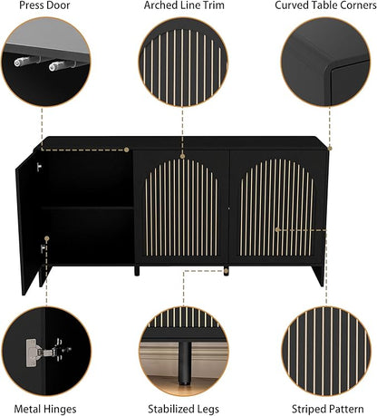 59" Sideboard Buffet Cabinet with Storage, Wood Arched TV Console Storage Cabinet with 3 Doors and Adjustable Shelf, Large Curved Accent Cabinet for Living Room Hallway Kitchen Dining Room, Black