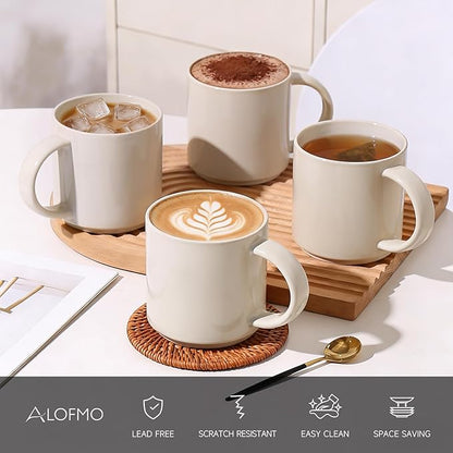 Coffee Mugs Set of 4, Stoneware Coffee Cups with Comfortable Handle, 16oz Ceramic Mugs for Kitchen & Office, Dishwasher & Microwave Safe - Creamy White