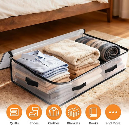 4 Pack Under Bed Storage Bags, 75L Foldable Clear Storage Containers with Handles, Dual Zippers for Comforter, Clothes, Bedding, Linen Sheets, Sweaters, Blanket Storage