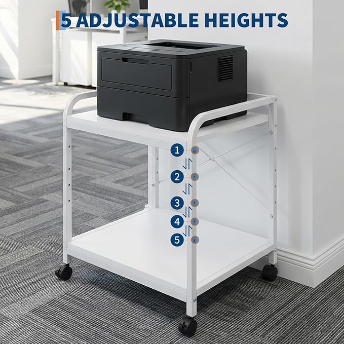 Garvee Under Desk Printer Stand, 2 Tier Printer Stand with Height Adjustable Storage Shelf, 20" Deep Large Rolling Printer Cart with Wheels for Home Office, White
