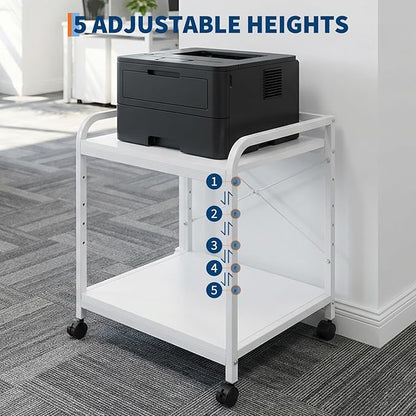 Garvee Under Desk Printer Stand, 2 Tier Printer Stand with Height Adjustable Storage Shelf, 20" Deep Large Rolling Printer Cart with Wheels for Home Office, White