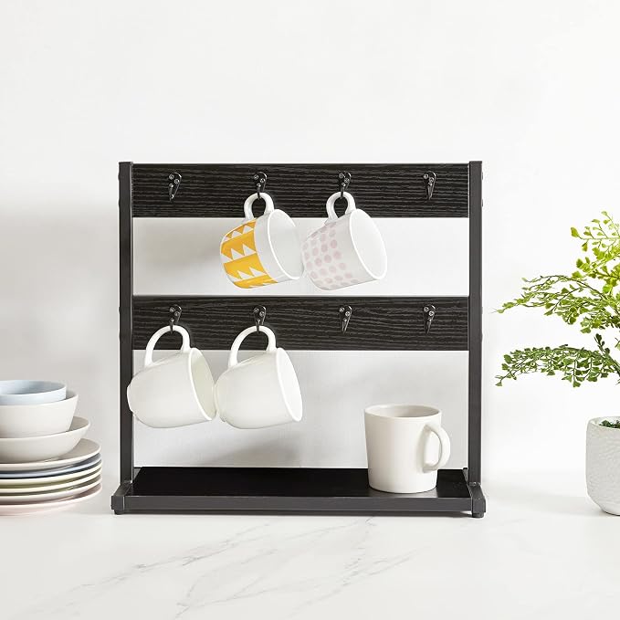 IBUYKE Wood Coffee Mug Holder for Countertop,16 Hook Mug Tree Holder Rack with Storage Base,Mug Display Organizer,Mug Holders for Home Kitchen,Black UTBJ001B