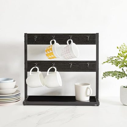 IBUYKE Wood Coffee Mug Holder for Countertop,16 Hook Mug Tree Holder Rack with Storage Base,Mug Display Organizer,Mug Holders for Home Kitchen,Black UTBJ001B