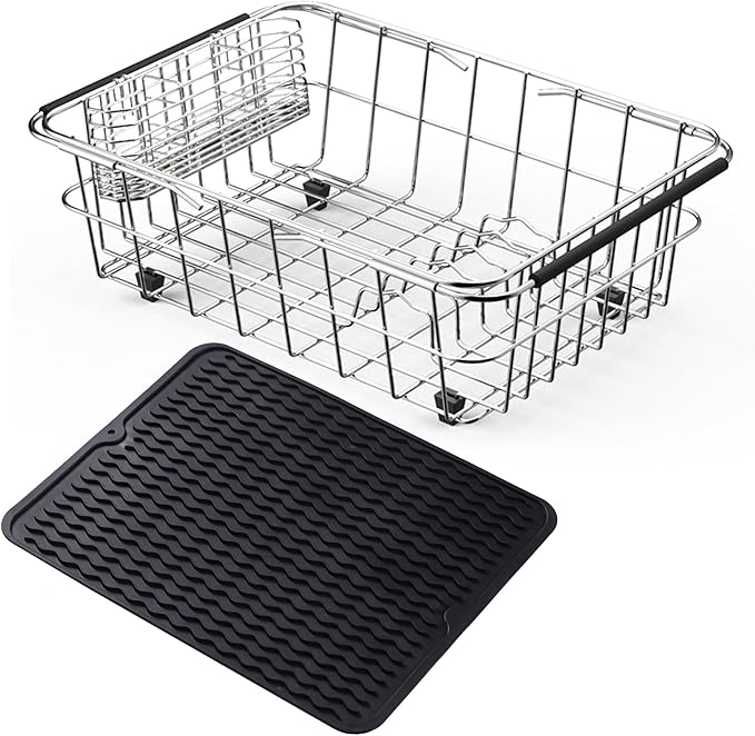 NiuYichee Stainless Steel Dish Drying Rack(15"L X 11"W X 4.1"H), Expandable Fruit & Vegetable Drain Rack over Sink, Dish Drainer Rack in Sink, with Stainless Steel Utensil Holder & Silicone Mat(16")