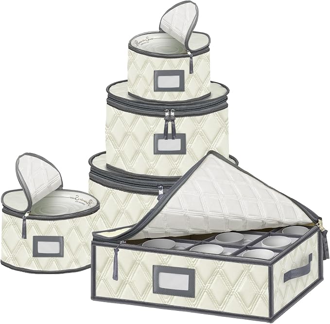 5 Pack China Storage Containers Set (Beige) - Sturdy Quilted Wine Glass & Dish Storage with Dividers - Compact Size