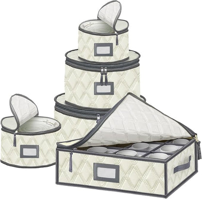 5 Pack China Storage Containers Set (Beige) - Sturdy Quilted Wine Glass & Dish Storage with Dividers - Compact Size