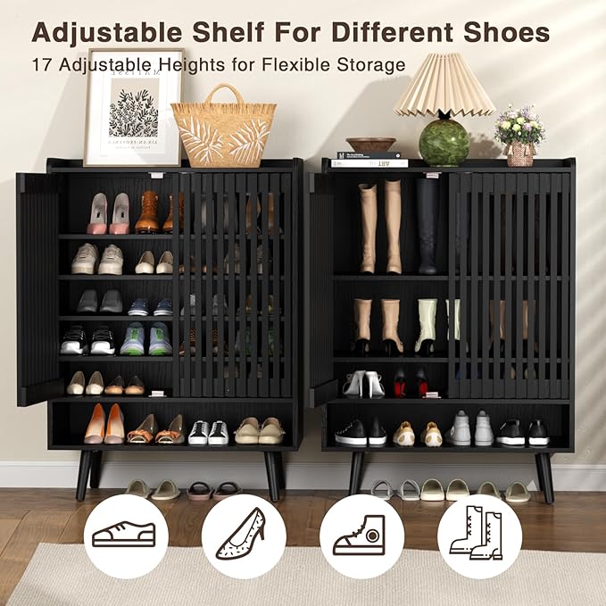 Black Shoe Cabinet Up to 24 Pairs, Large Shoe Storage Cabinet for Entryway, Freestanding Shoe Organizer Cabinet with Adjustable Shelves for Entryway, Hallway, Black