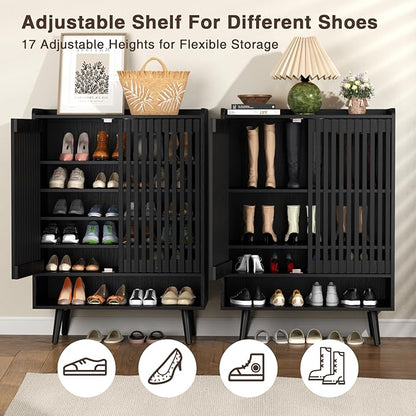Black Shoe Cabinet Up to 24 Pairs, Large Shoe Storage Cabinet for Entryway, Freestanding Shoe Organizer Cabinet with Adjustable Shelves for Entryway, Hallway, Black